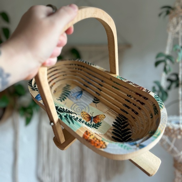 Folding Wooden Basket 12x6” – Butterfly Fern Boho Tray Rustic Cottagecore Decor - Picture 10 of 11